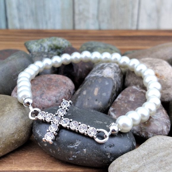 Jewelry - Rhinestone Cross Charm Faux Glass Pearl Beaded Stretch Bracelet